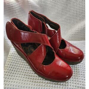 Fly London, red Mary Jane wedge shoes with crossover strap